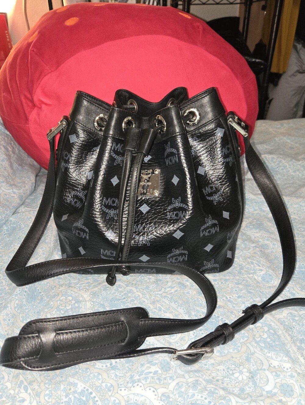 MCM Black Visetos Drawstring Bucket Shoulder Bag